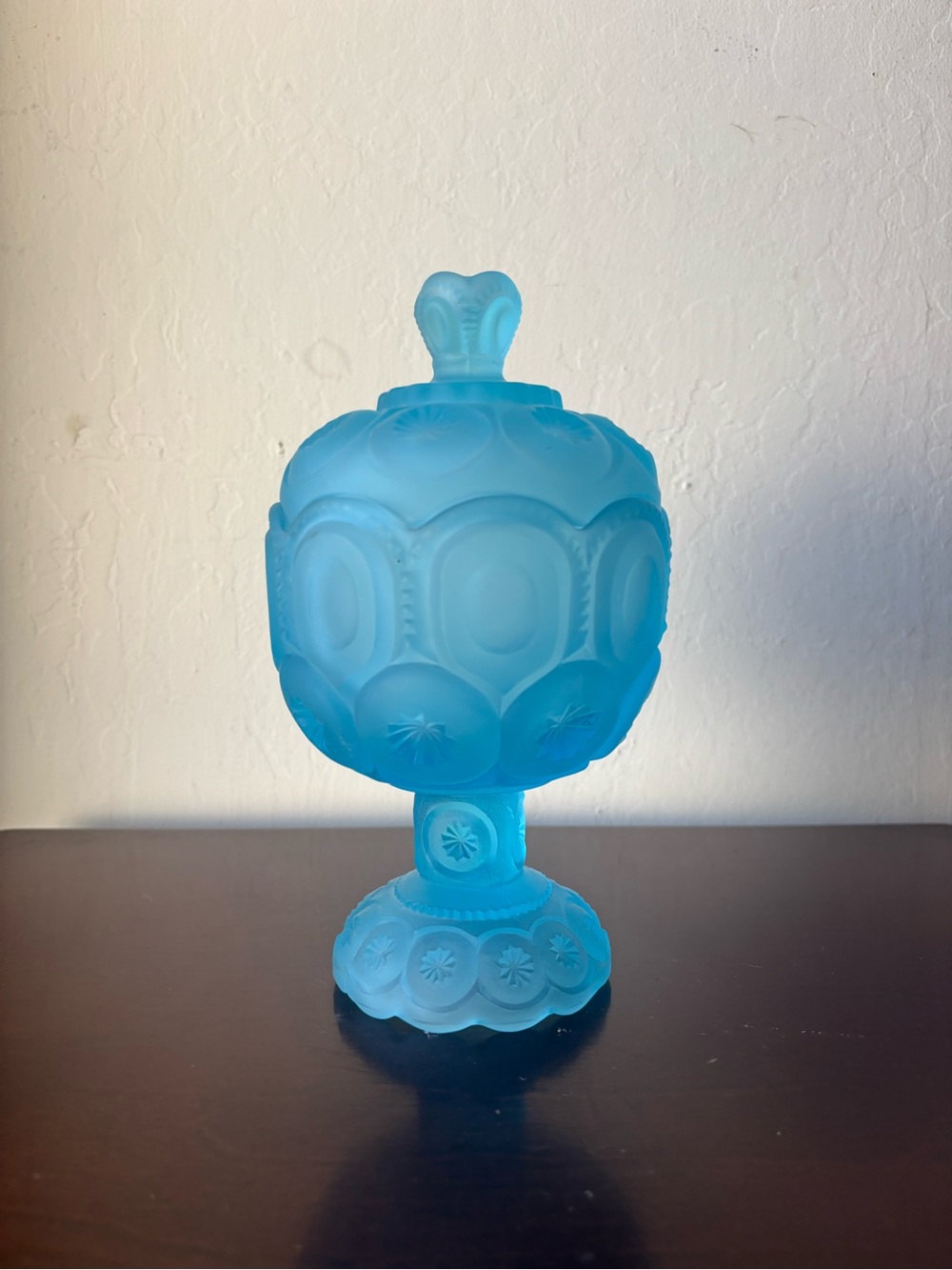 LE Smith Glass Moon and Stars Blue Satin Frosted 8 inch Compote and Lid RARE